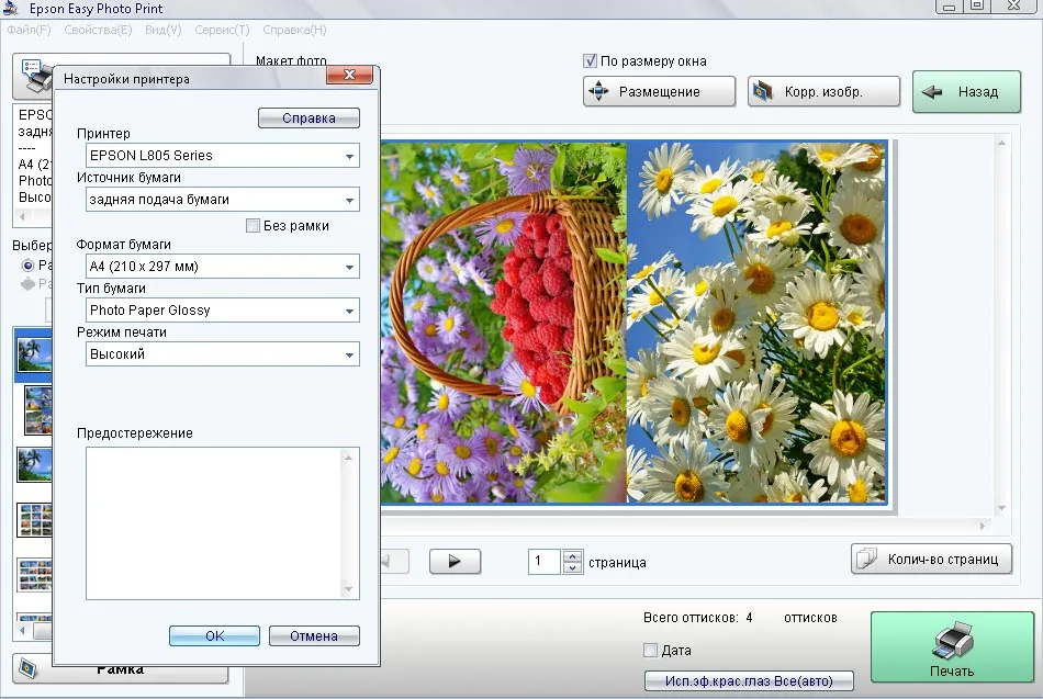 Настройки печати Epson Easy Photo Print