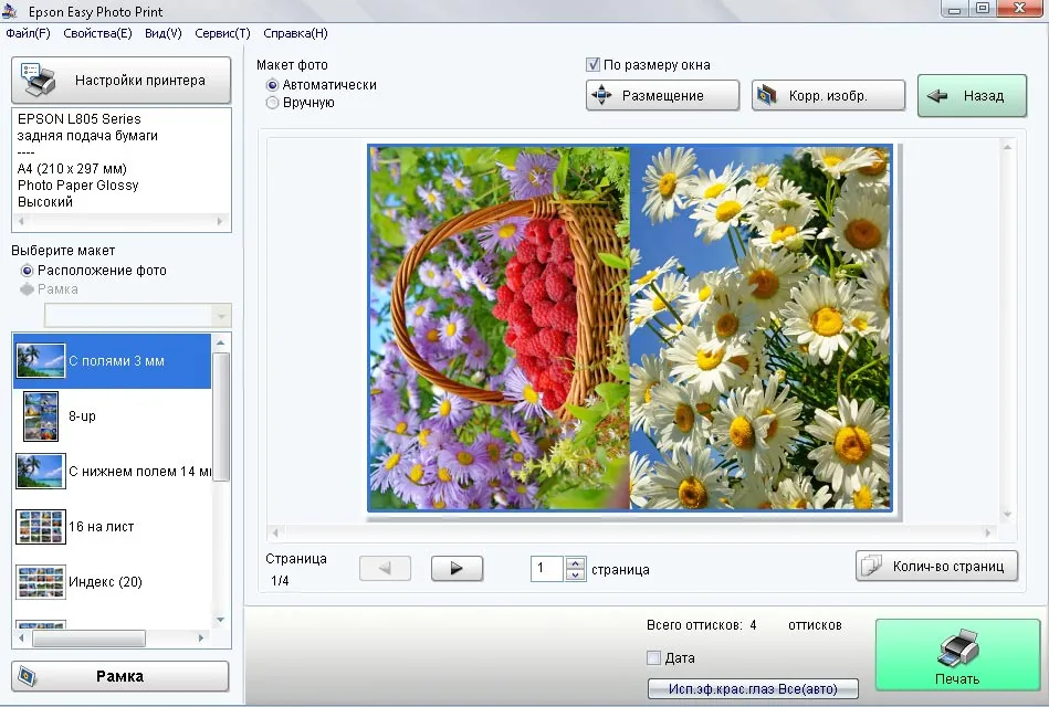 Настройки печати Epson Easy Photo Print